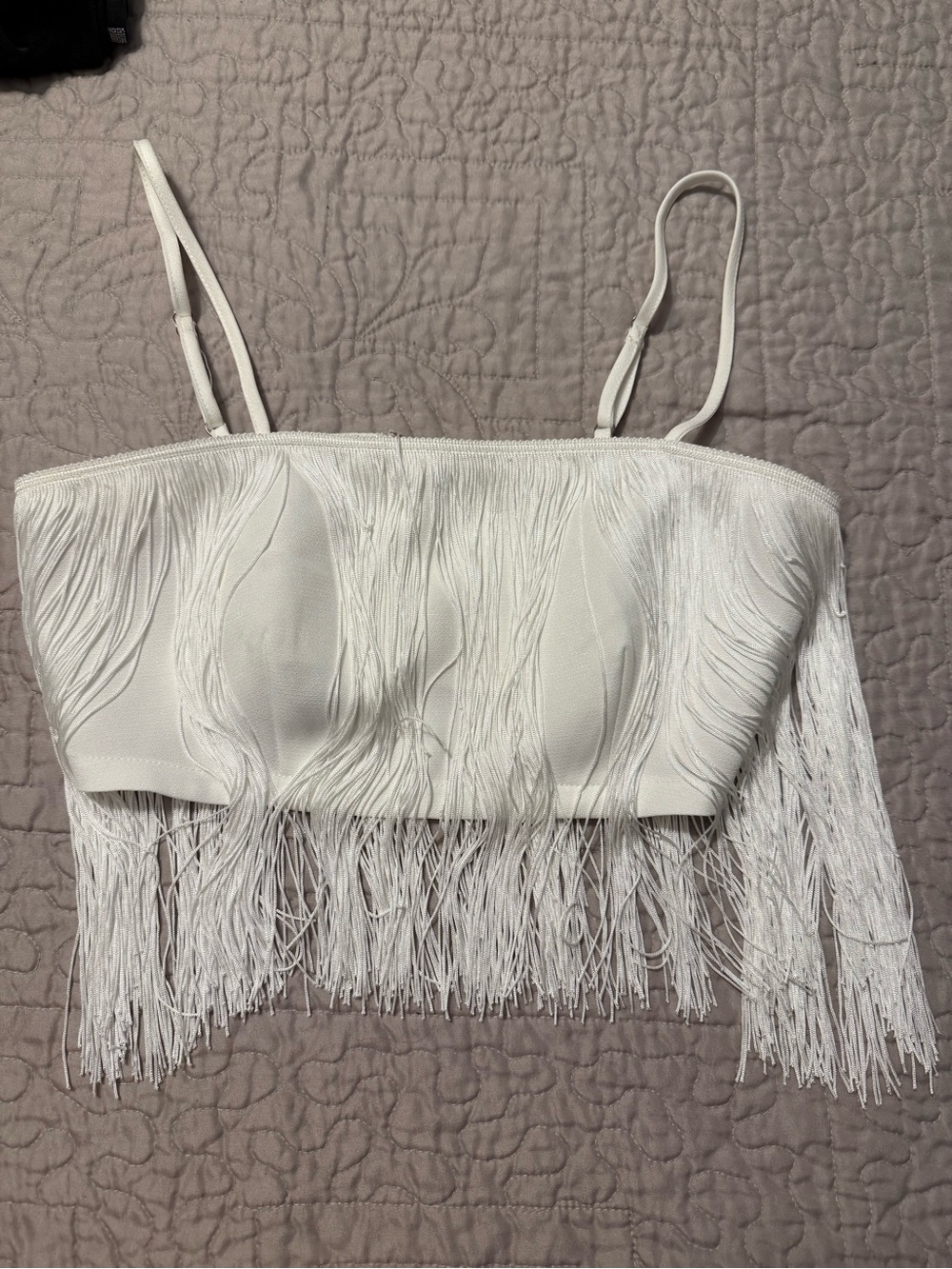 Main Strip White Fringe Spaghetti Strap Crop Top